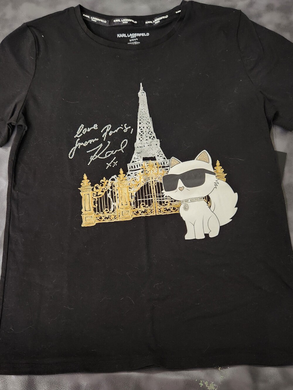 Karl Lagerfeld Black Tee with Gold & White Paris Graphic